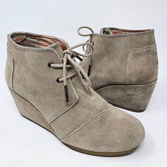 Toms Wedge Bootie Women 7.5 Desert Wedge Lace up Bootie in Taupe Suede 300415 - Picture 2 of 9